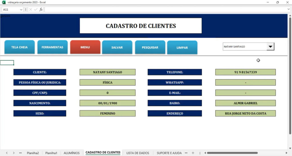 Master Data Planilha para Vidraçarias e Vidraceiros